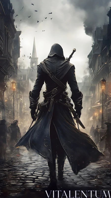 Hooded rogue walks through foggy, grim medieval street.