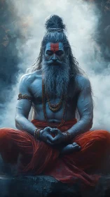 Ascetic yogi in meditative pose rendered as ethereal digital painting