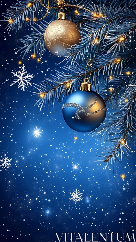 Christmas ornaments on blue pine branch with glowing bokeh.