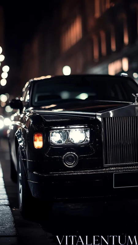 Front view of luxury sedan parked on an urban night street