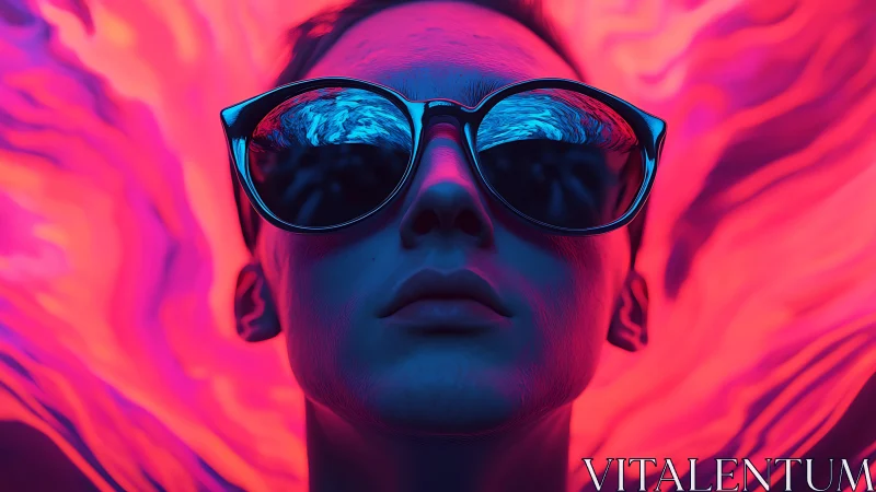 Neon-lit portrait with reflective sunglasses and liquid glow.