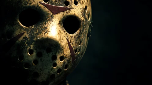 Weathered hockey mask looms from shadowy darkness.