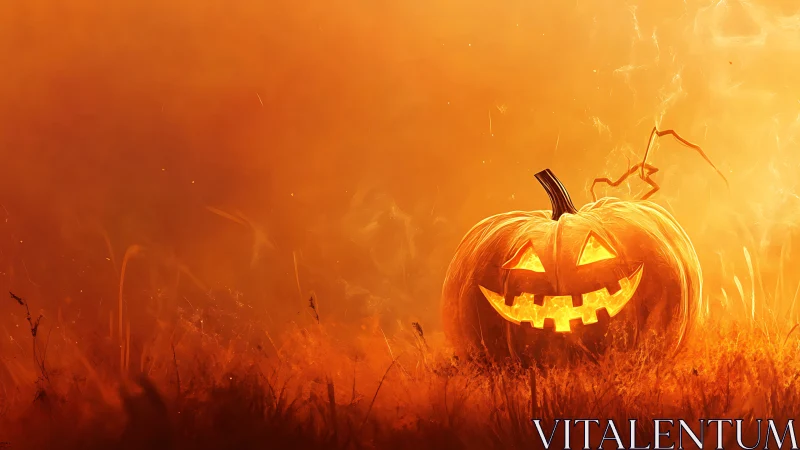 Glowing Jack-O-Lantern in Fiery Field.
