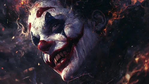 Laughing flame-lit clown in a storm of dark sparks.
