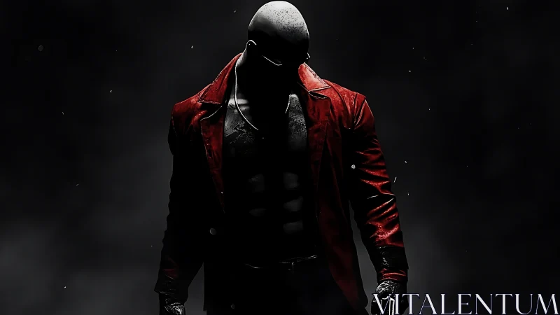 Silhouetted antihero in red coat emerges from shadowed gloom
