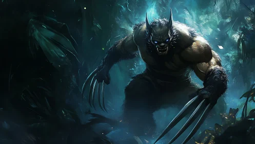 Ferocious clawed mutant lunging through bioluminescent jungle