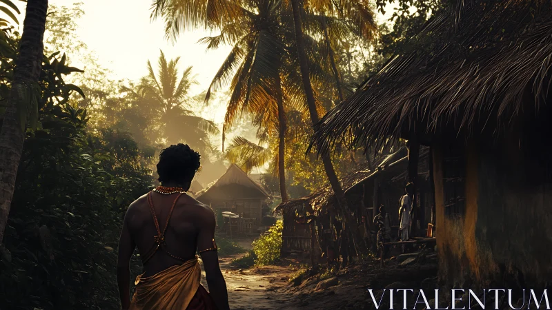 Village path glows under warm tropical sunrise light