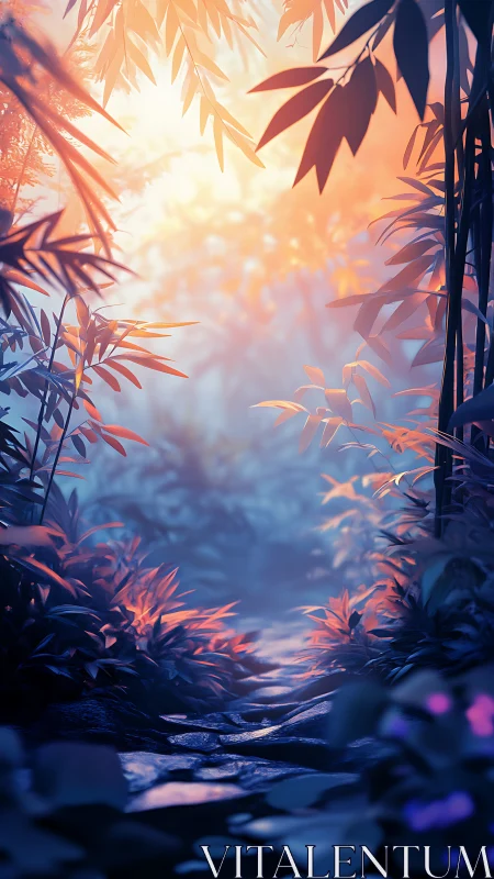 Glowing forest path curves through lush foliage at sunrise