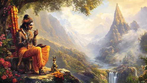Peaceful deity rests above misty valley of mountains and waterfalls