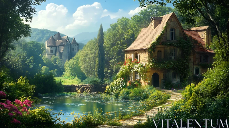 Lakeside ivy cottage dreaming beneath a distant castle.