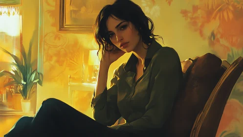 Thoughtful Woman in Sunlit Room, Warm Painterly Style Portrait.