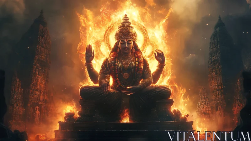 Fiery temple goddess sits crowned in storm-lit divinity.