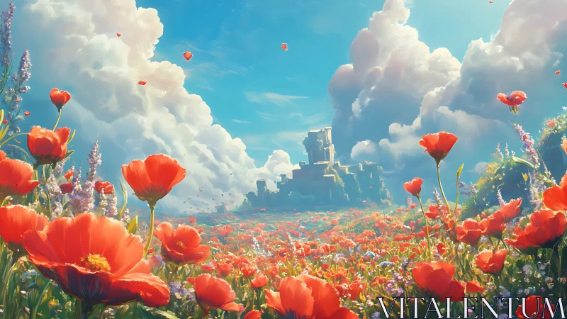 Digital landscape shows poppy field with distant stone ruins