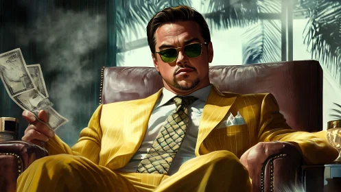 Confident man in yellow suit lounges holding money