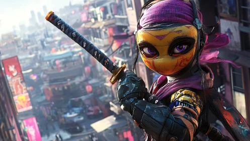 Masked cyberpunk swordswoman overlooking neon city street.