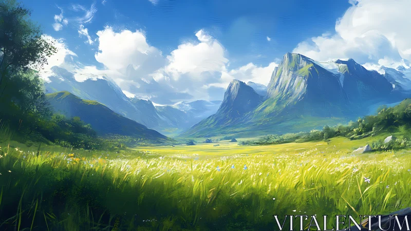 Sunlit alpine meadow beneath towering verdant peaks.