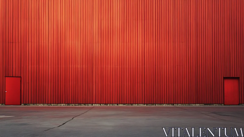 Red corrugated metal wall with two offset doors in view