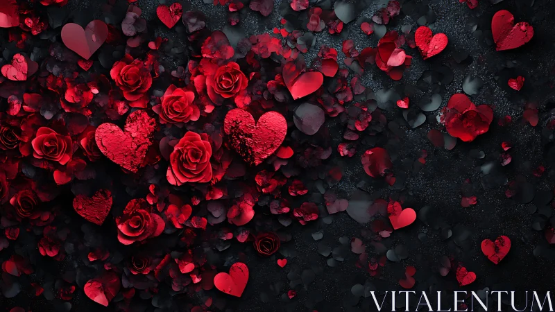 Red roses and heart shapes arranged on dark textured background.