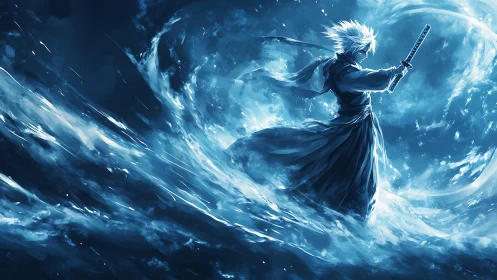 Sword wielding warrior commands swirling blue energy storm.