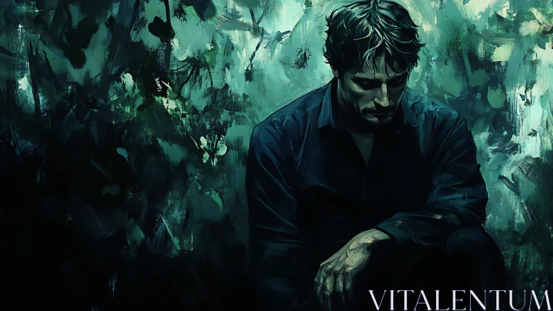 Solitary man seated in moody green abstract setting.