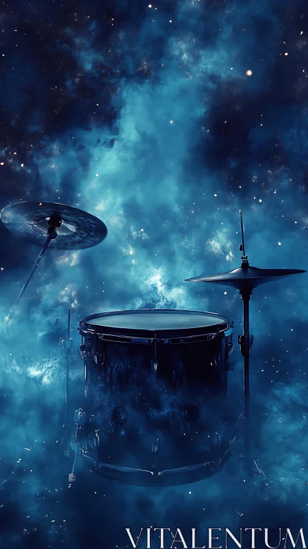 Cosmic drum kit suspended in glowing deep blue nebula.