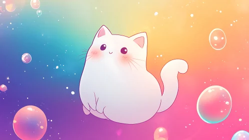 Chubby White Cat Among Floating Bubbles in Gradient Sky.