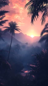 Tropical jungle valley at sunset with vivid pink sky.