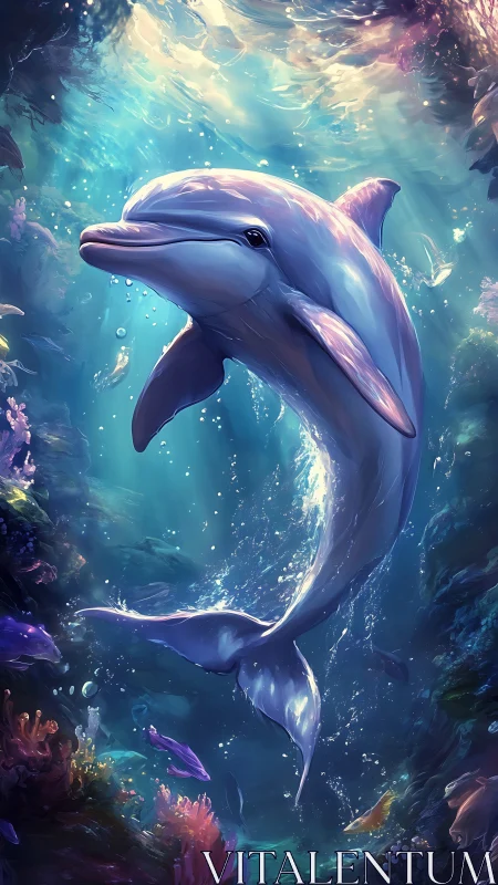 Dolphin swims upward through sunlit underwater coral scene
