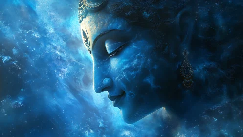 Divine blue cosmic face emerges in swirling celestial mist.
