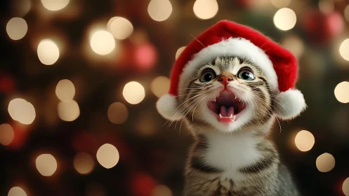 Festive kitten in Santa hat with glowing holiday bokeh.
