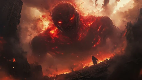 Colossal molten demon emerges from urban ruins amid volcanic firestorm