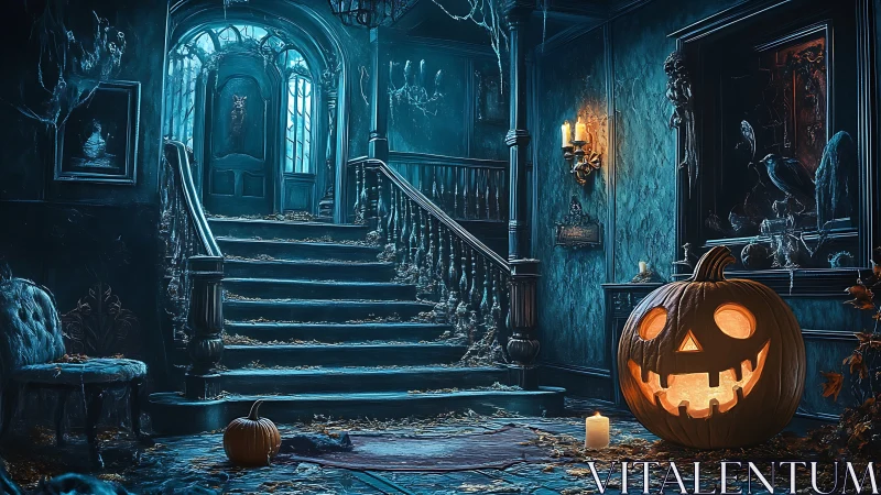 Glowing jack o&rsquo;lantern in decayed haunted mansion interior.