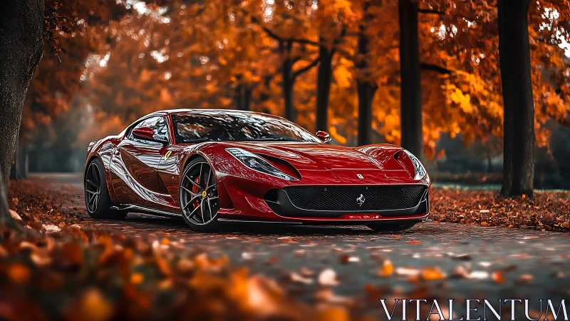 Crimson supercar on autumn lane with cinematic bokeh glow.