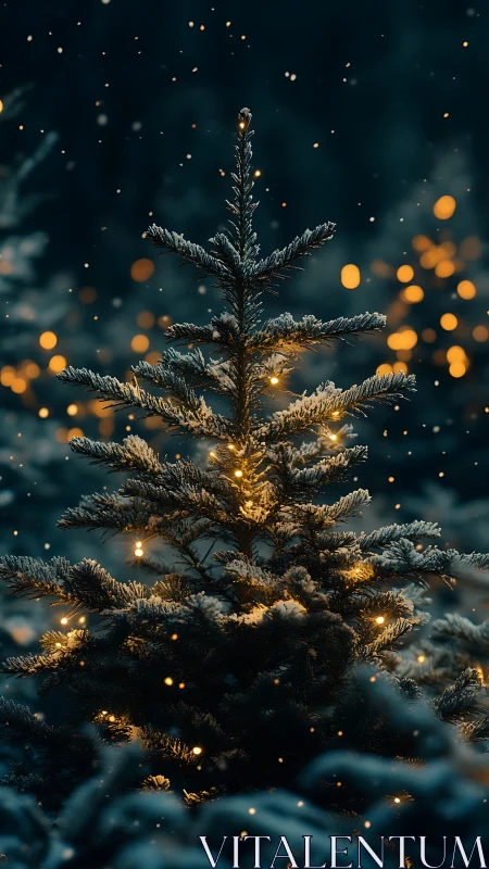 Snow-covered conifer tree with warm string lights at night.