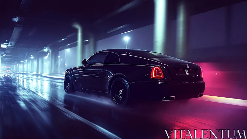 Midnight coupe slices through neon rain in electric hush.