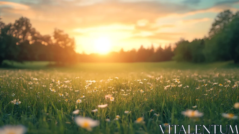 Sunset tiptoes through a daisy meadow in soft golden hush