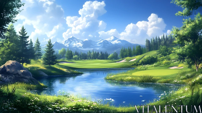 Mountain golf course beside reflective lake under blue sky.