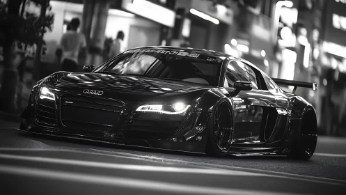Lowered widebody sports car prowls neon city streets at night.