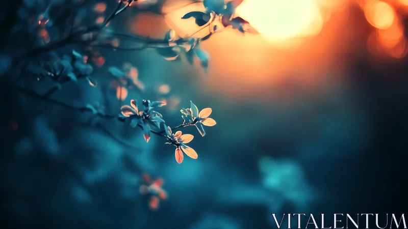 Backlit orange blossoms against deep teal dusk bokeh.