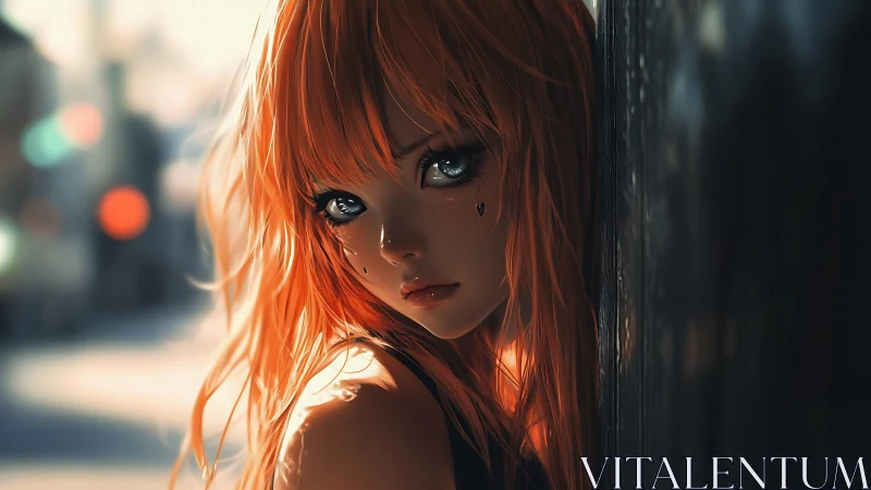 Sad orange haired anime girl leans against dark city wall