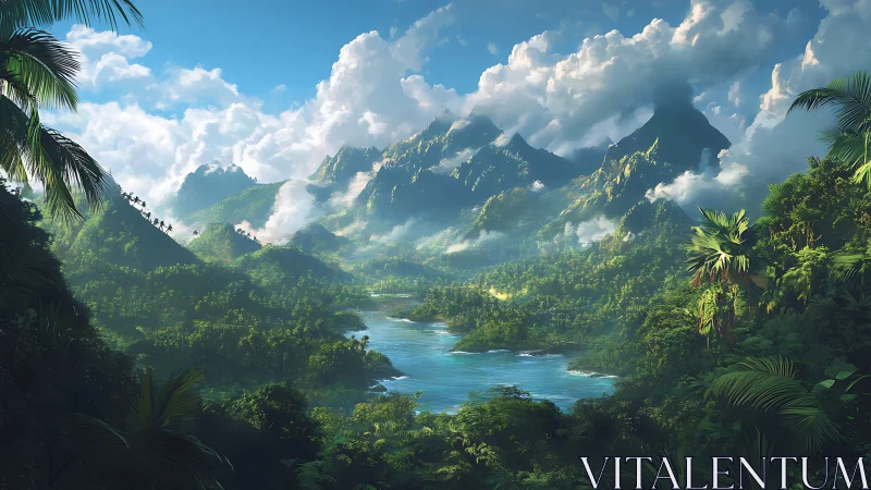 Lush tropical valley with river, misted peaks, and hard sunlight.