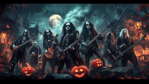Gothic rock band under full moon with pumpkins, mansions.