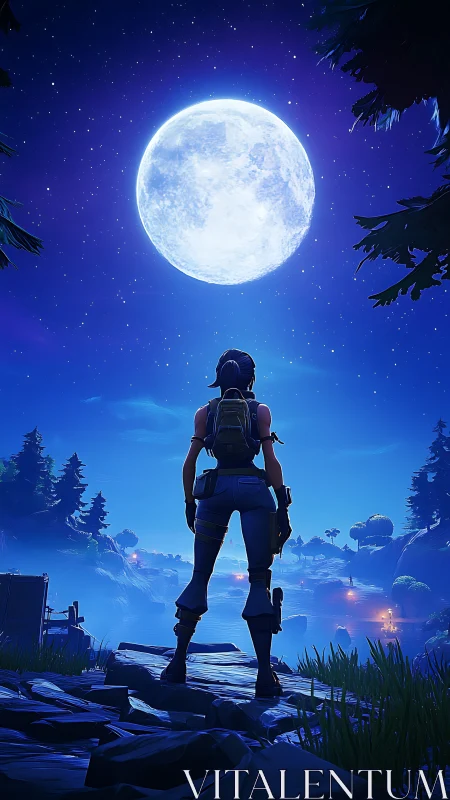 Silhouetted game character stands beneath a large full moon