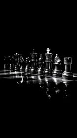 Midnight chess army poised on a gleaming mirrored battlefield.