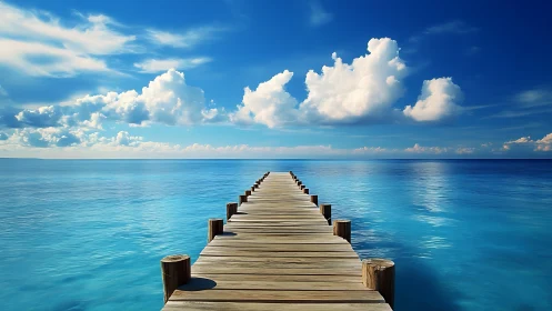 Endless wooden pier whispering into blue horizon skies.