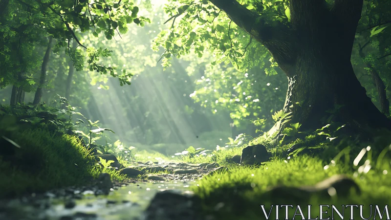 Enchanted Forest Stream Where Light Dances Through Green Canopies.