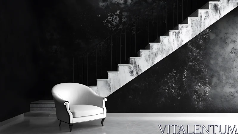 Monochrome staircase interior with sculptural lounge chair.