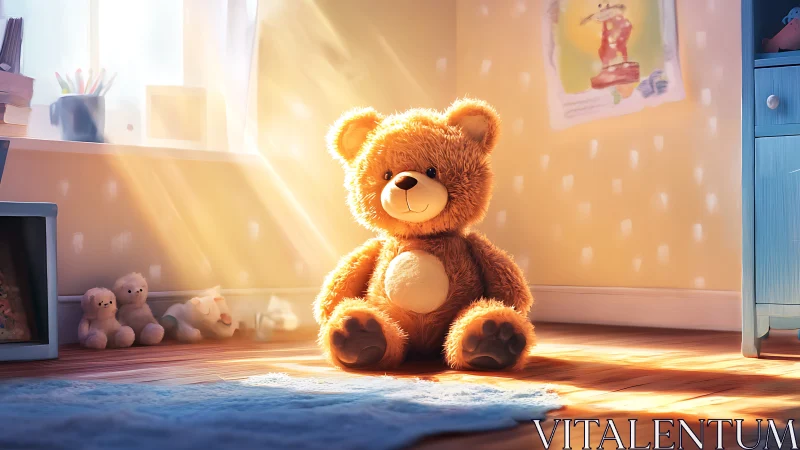 Teddy bear sits on wooden floor in sunlit child bedroom