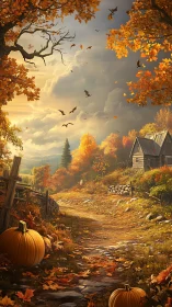 Rural path passes pumpkins and cabin under overcast autumn sky