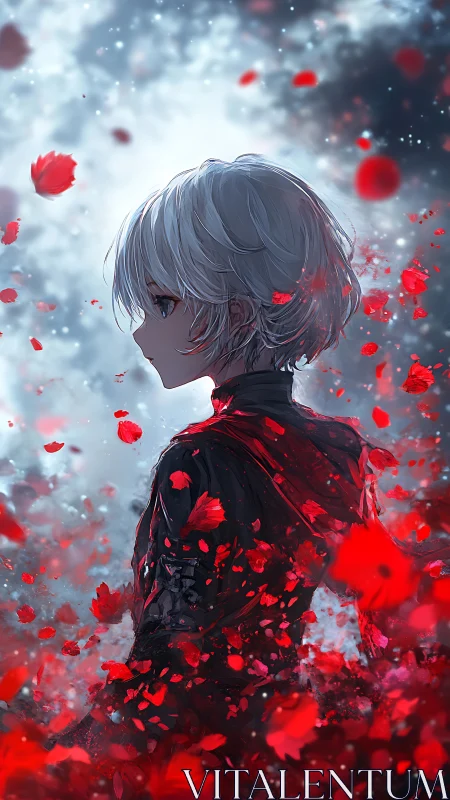 Side-profile anime figure stands amid dispersed red petals